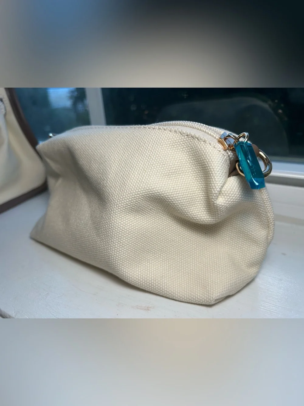 NWT🌷Anthropologie Cream Canvas Tote with Brown Trim and Gold Lock Hardware